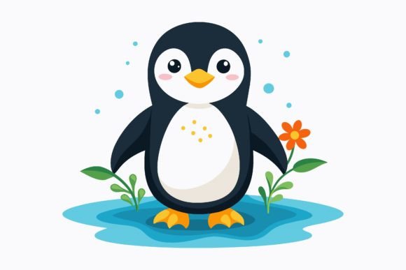 Charming Penguin with Flowers: A Whimsical Design Asset