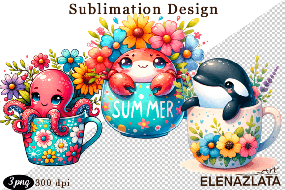 Charming Sea Animal Cup Clipart for Mother's Day Designs