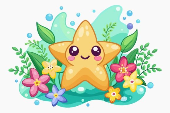 Charming Star Fish Animal Cartoon with Flowers on Design