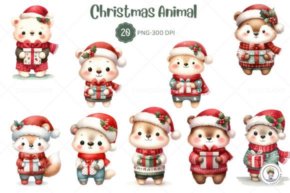 Cute Animal Wear Christmas Theme Clipart: Festive Design Assets
