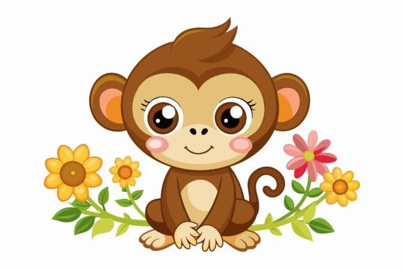 Monkey Animal Cartoon with Flowers on a: A Playful Design Asset