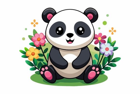 Pandas Animal Cartoon with Flowers on a: A Charming Design Asset