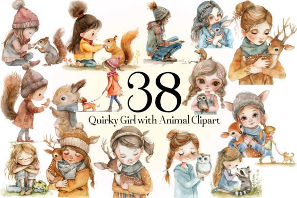 Quirky Girl with Animal Clipart: A Playful Design Asset