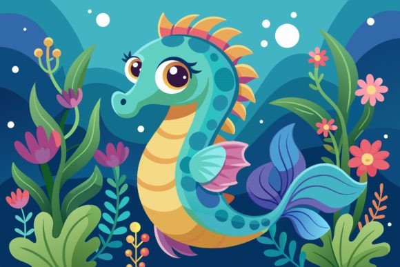 Sea Horse Animal Cartoon with Flowers on: A Whimsical Design Asset