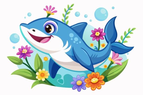 Shark Animal Cartoon with Flowers on a Design: A Unique Creative Asset