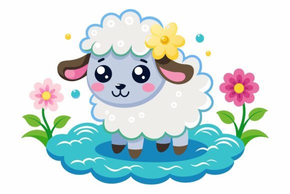 Sheep Animal Cartoon with Flowers: A Charming Design Asset