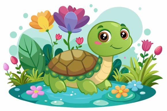 Turtles Animal Cartoon with Flowers on a Design