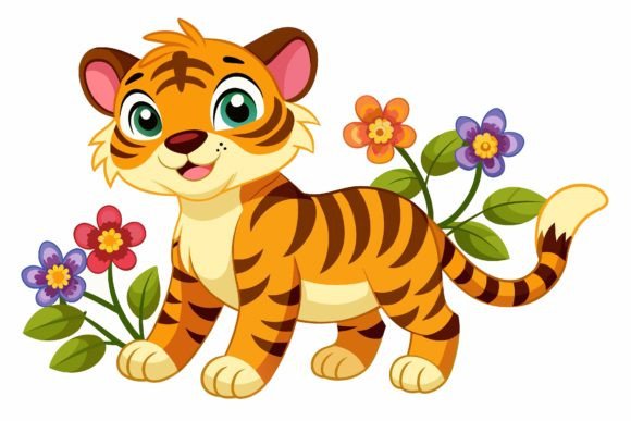 Unleashing Playful Charm: Tigers Animal Cartoon with Flowers on a Design