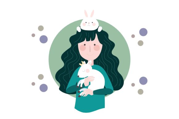 Woman Long Hair with Cute Animal: A Designer's Playful Asset