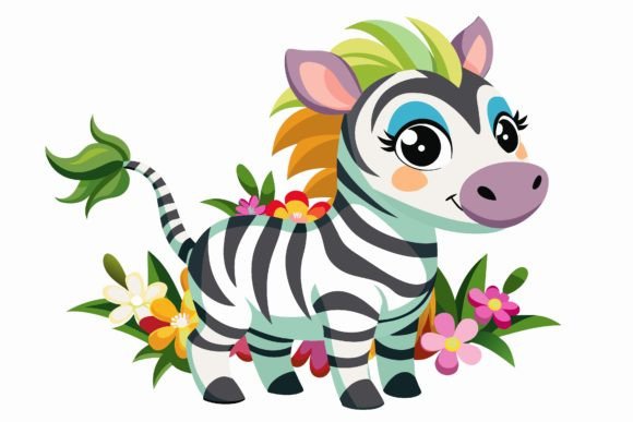 Zebra Animal Cartoon with Flowers: A Playful Design Asset