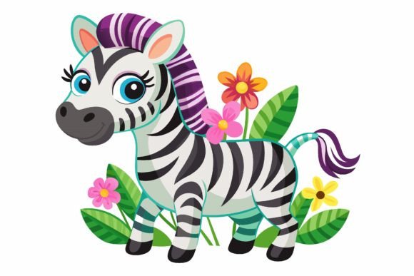Zebras Animal Cartoon with Flowers: A Charming Design Asset